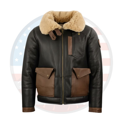 Men's Brown Bomber Faux Shearling Jacket Real Sheepskin Leather RAF Aviator Coat