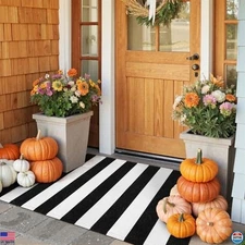 Collive Black & White Striped Outdoor Rug 24"x51" - Washable Fall Welcome Mat