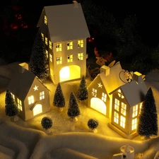 17 Pcs Lighted Christmas White Village Houses Set Metal Christmas Village Bui...