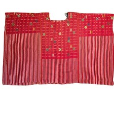 Indigena Imports Guatemalan Huipil Handwoven Red Stripe Maya Textile Folk Poncho