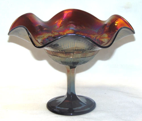 Northwood Signed Raspberry Ruffled Compote Iridescent Purple Carnival Glass