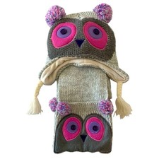 Kids Knit Owl Beanie Hat With Matching Pocket Scarf Size 4-7