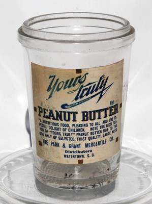 1903 YOURS TRULY PEANUT BUTTER JAR FROM THE PARK & GRANT MERC CO WATERTOWN SD