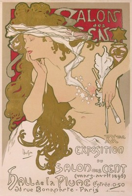 RARE VINTAGE POSTER by MUCHA XXe SALON DES CENT HALL DE LA PLUME MARS-AVRIL 1896