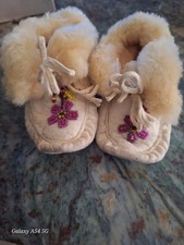 Precious Beaded Leather  Shearling Baby Moccasins with Tassels 4" Long