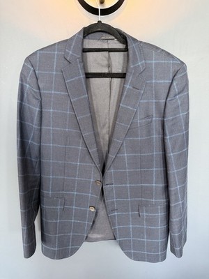BOSS Hugo Boss Blue Gray Plaid Wool Blazer 40R Single-Breasted Notch Lapel