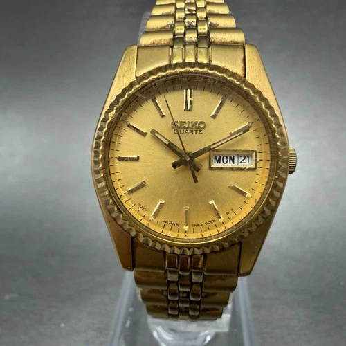 Seiko Watch Women 25mm Gold Dial Gold Tone Daydate Round 7N83-0041 New Battery U