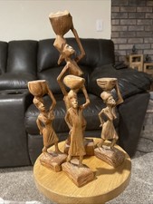 Vintage Hand Carved Wooden Haiti Woman With Basket On Head Lot