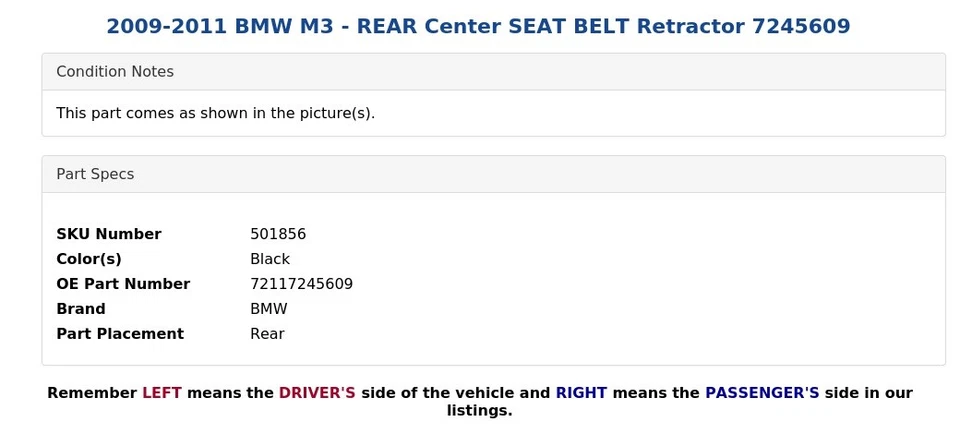 BMW M3 2009-2011 - retractor de cinturón de seguridad central trasero 7245609 Foto 3 de 4