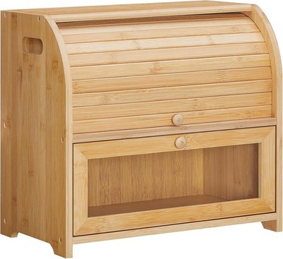Bamboo Roll Top Bread Box Acrylic Door Food Storage For Kitchen Countertop