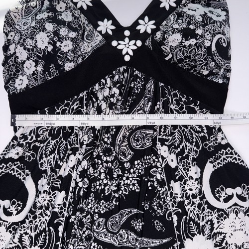 Style & Co Dress Vtg Y2K Babydoll Floral Black White Embellished Crossover Sz L - Picture 12 of 14
