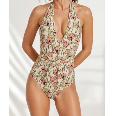 $298 NWT TORY BURCH Printed Ring One Piece Swim, 3D Checkered Logo Lime, XL