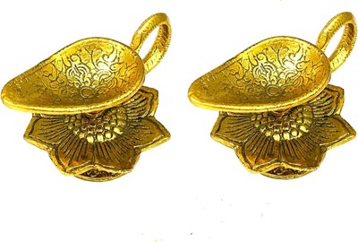 Set of 2 Diya Deepak Pooja Flower Item Brass Oil Lamp for Indian Golden 
