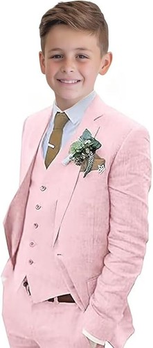 Boys Linen Suit 3 Piece Slim Fit Formal Suit Set Summer Wedding Suit Kids Tuxedo - Picture 3 of 31