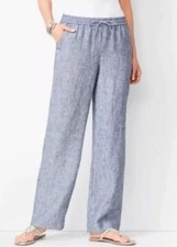 Talbots Women's Linen Cotton Blue White Striped Wide Leg Pants Sz14Elastic Waist