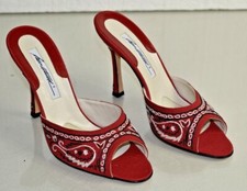  795 NEW Brian Atwood Slides Mules Shoes Red Sandals Embroidery 37 37.5 38 39