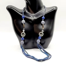 Mixed Material Wood Glass Metal Blue Heishi Style Multi Strand Beaded Necklace