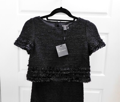 New St John $1695 Black Sparkle Fringe Boucle Knit Dress sz 0