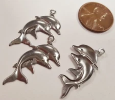 12 VINTAGE DUAL DOLPHIN STEEL 22mm SILVER METAL STAMPING BEAD CHARM PENDANTS N30