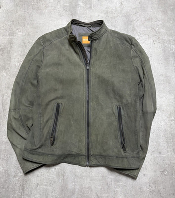 BOSS Orange Herren Leder Jacke Grün Stehkragen Reißverschluss Gr. 54