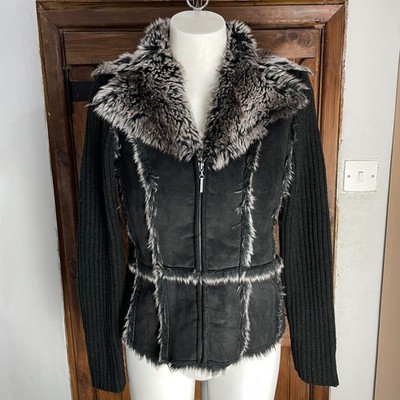 John by John Richmond Y2K schwarz Kunstfell Wildleder durchgehender Reißverschluss gerippt Strick Jacke UK 12