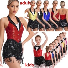 Women's Girls Shiny Sequin Fringe Latin Dance Leotard Tassel Bodysuits Dress