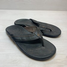 OluKai Hiapo Sandals Men's Size 11 M Black Leather Flip Flop Comfort Casual