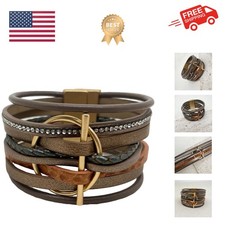Leather Bracelet for Women Wrap Bracelet Handmade Layered Leather Cuff Big Go...