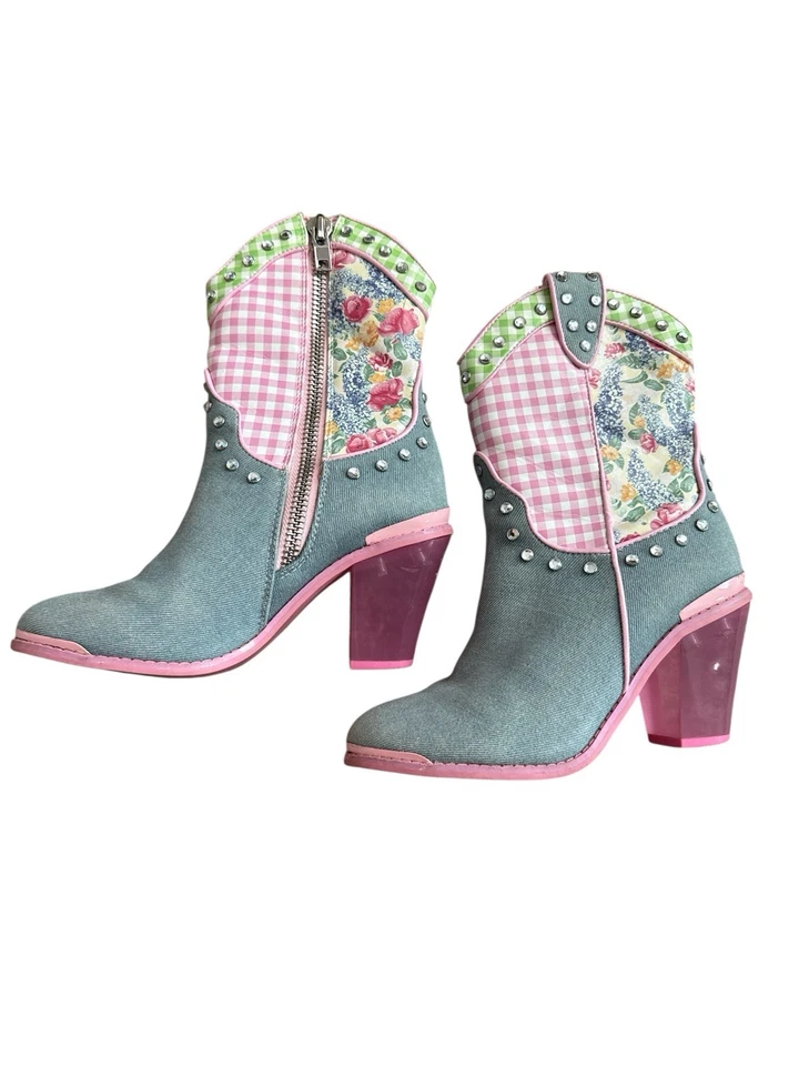 Muñecas Kill Pastel Patchwork Botas Rosa Guinga Floral Estrás Denim Talla 5 Foto 3 de 4