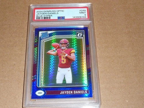 2024 Panini Donruss Optic JAYDEN DANIELS BLUE HYPER ROOKIE COMMANDERS #248 PSA 9