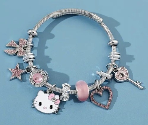 New Hello Kitty Pandora Inspired Charm Bracelet Silver Pink Charms Jewelry - Picture 4 of 9