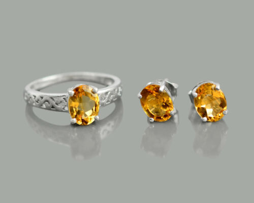 Oval Cut 925 Sterling Silver Citrine Natural Gemstone Ring Earring Jewelry Set - Picture 1 of 8