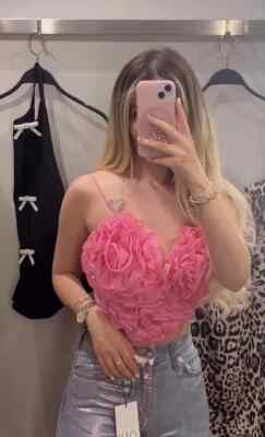ZARA WOMAN NEW SS24 VOLUMINOUS HEART-SHAPED CROP TOP PINK