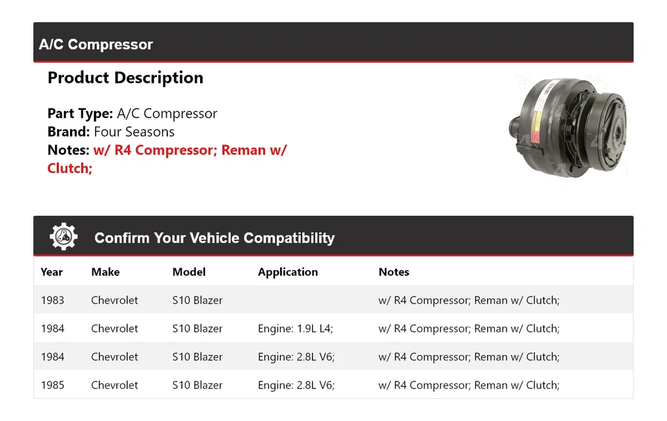 Compresor de aire acondicionado Chevrolet S10 Blazer 1983-1985 4 estaciones 1984 Foto 2 de 4