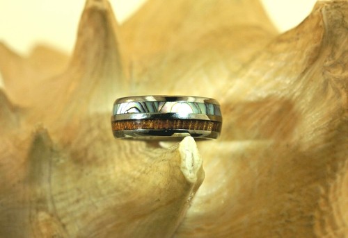 8MM GENUINE HAWAIIAN KOA WOOD NZ PAUA ABALONE 857 TUNGSTEN CARBIDE DOMED RING #4 - Picture 10 of 12