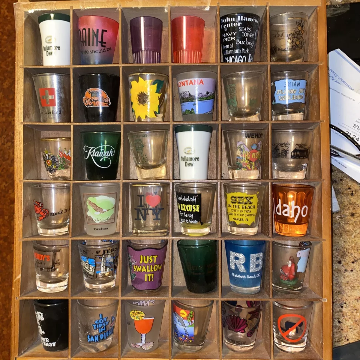 Wooden shot glass display case deals