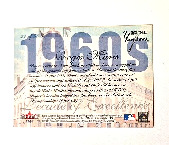 2001 Fleer Premium Decades of Excellence #21 Roger Maris Yankees HOF SUPERSTAR - Image 2 of 2
