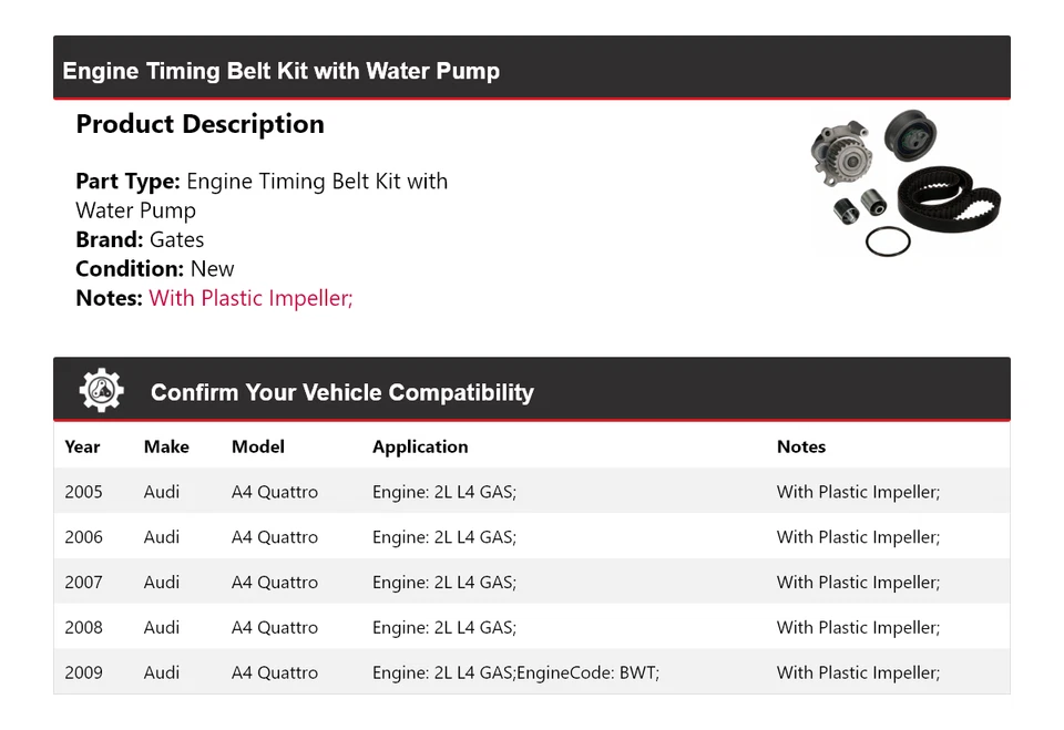 Kit de correa de distribución del motor Audi A4 Quattro 2005-2009 con puertas de bomba de agua 2006 Foto 2 de 3