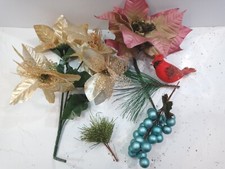 Lot of Christmas Poinsettia Pink  Gold Floral Bush Picks -Red Cardinal -Berries