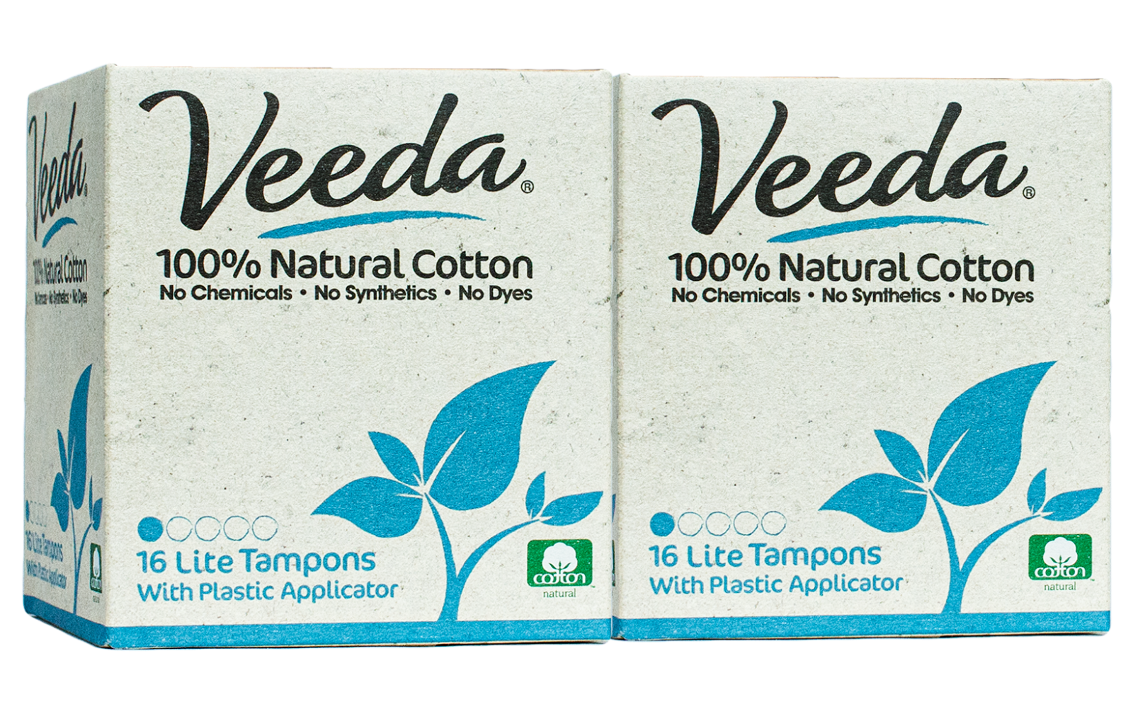 Veeda Natural Cotton Tampons, Lite, Compact Applicator, 2 Boxes of 16