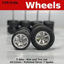 5 Sets - HW Muscle - Silver 7 spoke Blackwall Tire Drag Slicks - 10mm/12mm