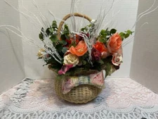 Rustic Floral Basket Arrangement | Silk Flower Centerpiece | Coral & Cream Faux 