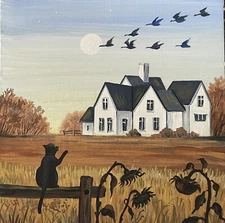 8x8 PRINT OF PAINTING RYTA Folk Art Black Cat Farm Landscape Americana house 🍁