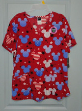Disney Mickey Mouse 4th of July V Neck Medical Scrub Top Women's Red Stars L