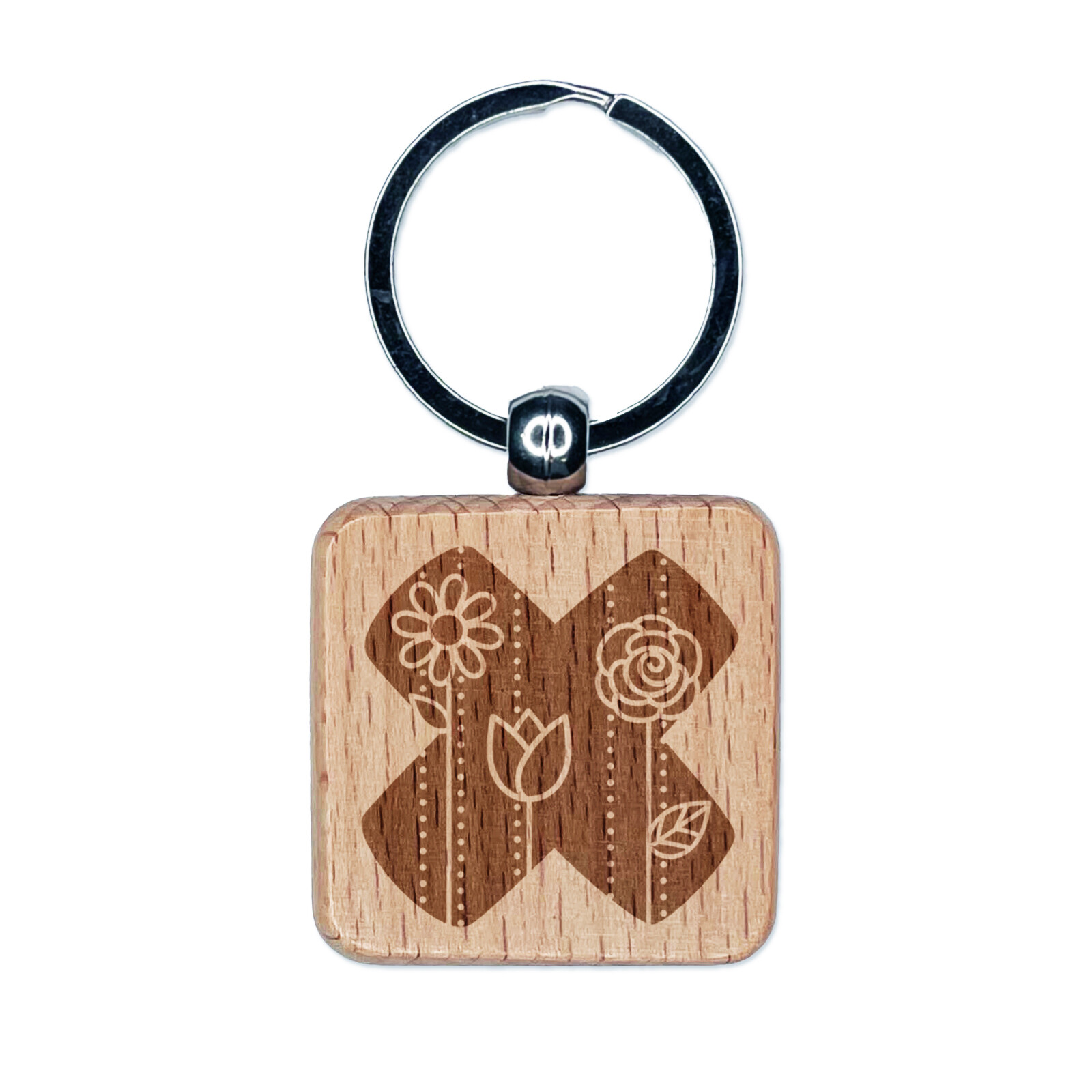 Sweet Floral Engraved Wooden X Letter Keychain