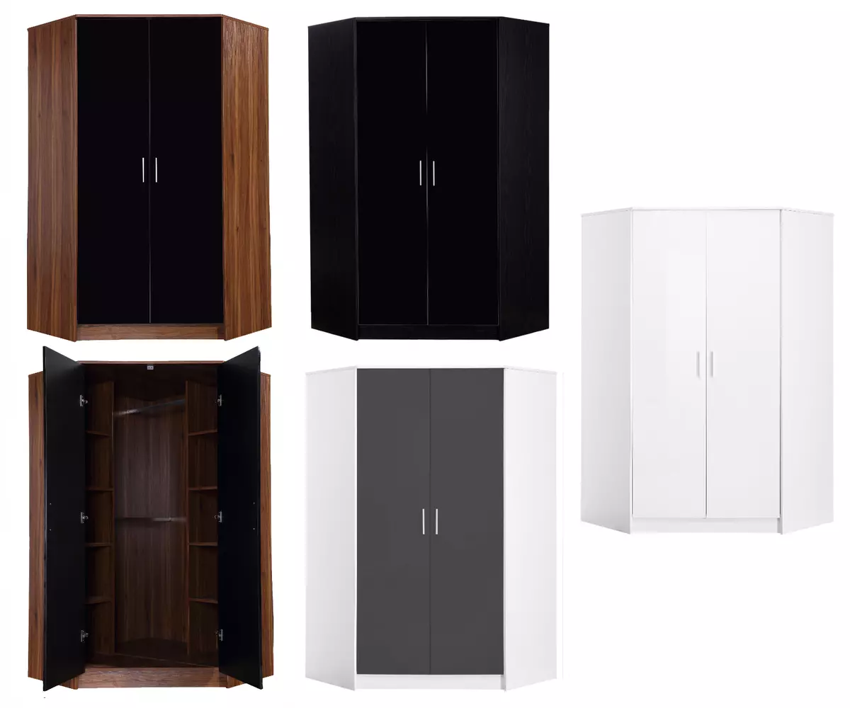 REFLECT High Gloss 2 Door Corner Wardrobe Large Hanging Rails 10 Shelves