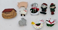 VTG 9 Button Covers ~Wood ~ Noah's Ark, Elves, Rocking Horse, Mouse, Dove ~ EUC