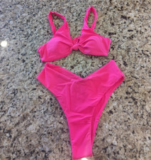 Bikini Solid V Neck Knot Front Push Up High Leg Thong Two Piece Bright Pink S