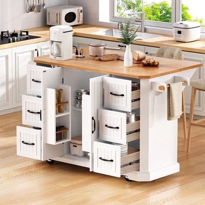 K&K 56 inch Kitchen Island with Rubber Wood Veneer Drop Leaf, Power Outlet, 4 Do