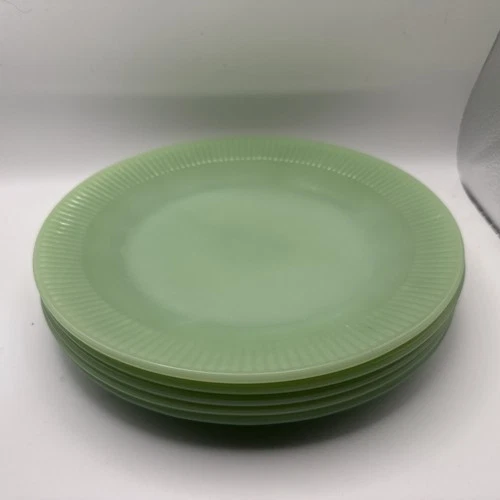 Set Of 5 Jadeite Fire King Plates Ribbed 9"  Glass Plate. Branded. Vintage.